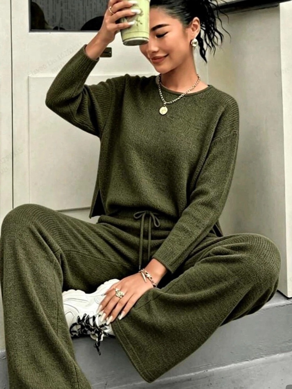 Olive Knit set with  Wide Leg Pant